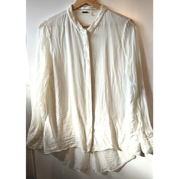 Elie Tahari Blouse Medium Ivory Silk Sheer Button Up Fringe Quiet Luxury Minimal - Picture 1 of 8
